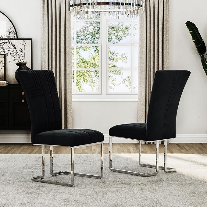 AUZ Dining Chairs Set of 2, Black and Silver Dining Chair with Velvet Upholstery and Mirrored Silver Sled Legs