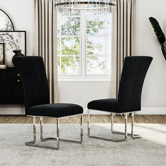AUZ Dining Chairs Set of 2, Black and Silver Dining Chair with Velvet Upholstery and Mirrored Silver Sled Legs