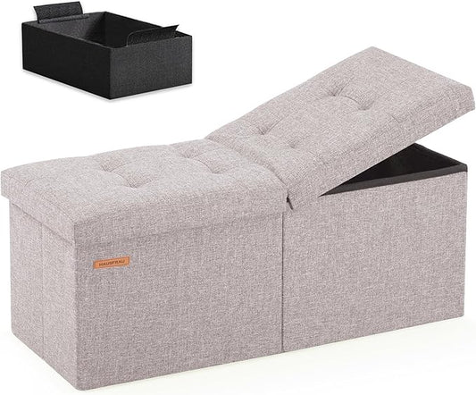 HAUSFRAU 31.5 Inches Ottoman with Storage Bench, Folding Ottoman Bench Small Foot Rest Stool, Bedroom Bench with Flipping Lid, Linen Mushroom Grey