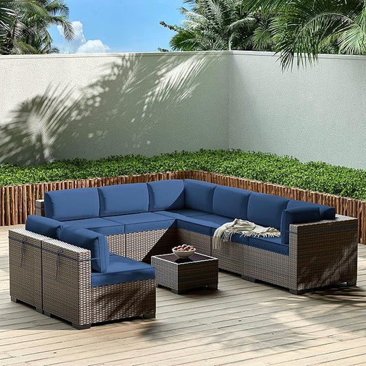 Gotland 9 Pieces Patio Furniture Set with 29.5'' High Backrest, All Weather PE Wicker Outdoor Furniture with 4’’ Thickened Cushions Coffee Table, Patio Set for Deck, Garden, Backyard, Navy