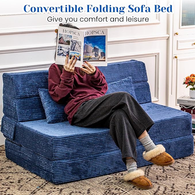 Folding Sofa Bed, Convertible Sleeper Chair with Pillow, High Density Memory Foam Fold Out Couch, Foldable Mattress Futon Sofa for Living Room/Dorm/Guest Use/Apartment/Home Office
