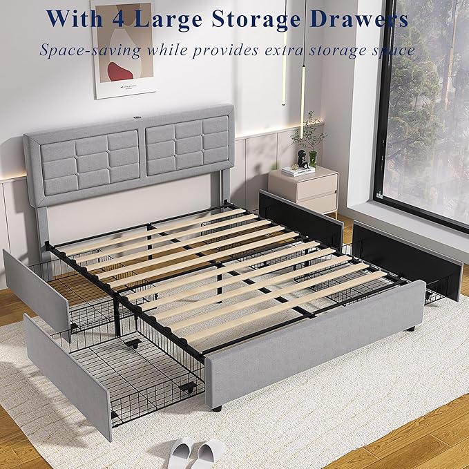 VECELO Full Size Bed Frame with 4 Drawers, Adjustable Tufted Button Headboard, Upholstered Platform with Wood Slats Support, Built-in USB and Type C Ports, Light Grey