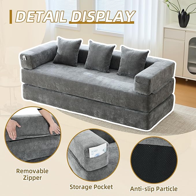 Convertible Floor Sofa Bed with Storage Pocket, Chenille Folding Mattress Sofa with Zipper Closure, Floor Lounge Couch for Living Room, Bedroom, Studio -Gray