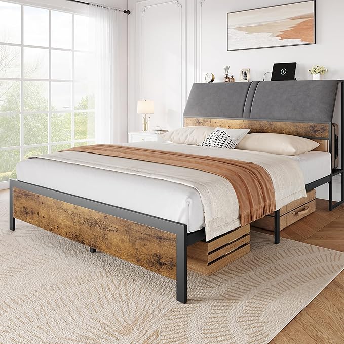 Queen Size Platform Bed Frame with Ergonomic Upholstered Headboard, Built-in Charging Station, Storage Headboard, Sturdy Metal Slats, No Box Spring Needed, Easy Assembly