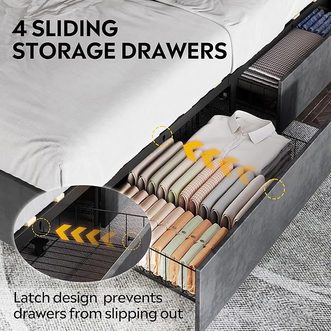 WLIVE Full Size Upholstered Bed Frame with 4 Drawers and Velvet Square Tufted Headboard, Sturdy Metal & Wooden Slats Support, No Box Spring Needed, Easy Assembly, Dark Grey