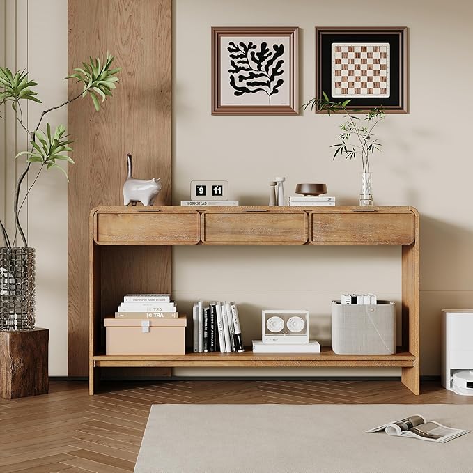 Christopher Knight Home Tida Vintage Narrow Console Table with Drawers, Solid Wood Entryway Table with Open Storage Shelf, Behind The Couch Long Sofa Table for Living Room, Natural