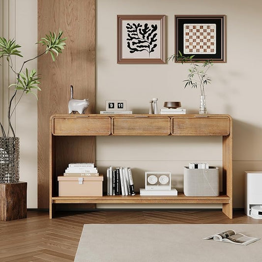 Christopher Knight Home Tida Vintage Narrow Console Table with Drawers, Solid Wood Entryway Table with Open Storage Shelf, Behind The Couch Long Sofa Table for Living Room, Natural