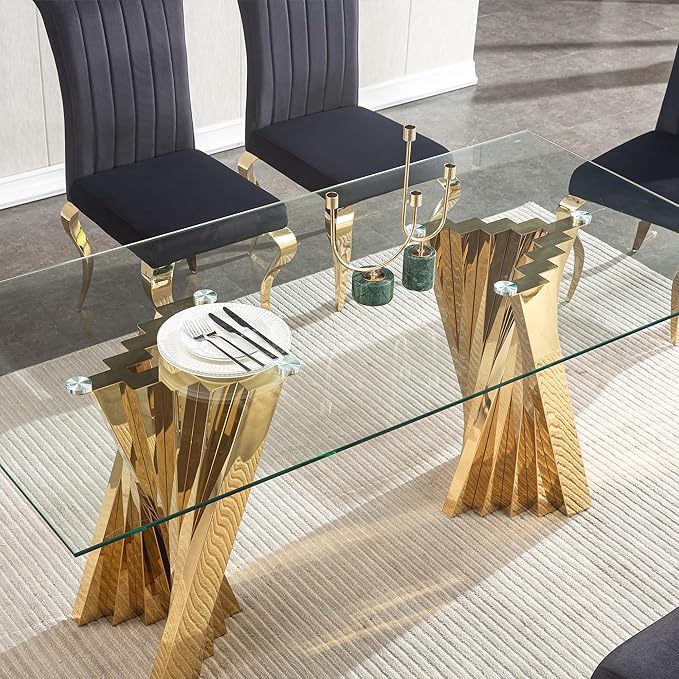 HomVent 70.08" Rectangular Clear Tempered Glass Dining Table,Stylish Design with Golden Stainless Steel Legs, Dining Table for Dining Room