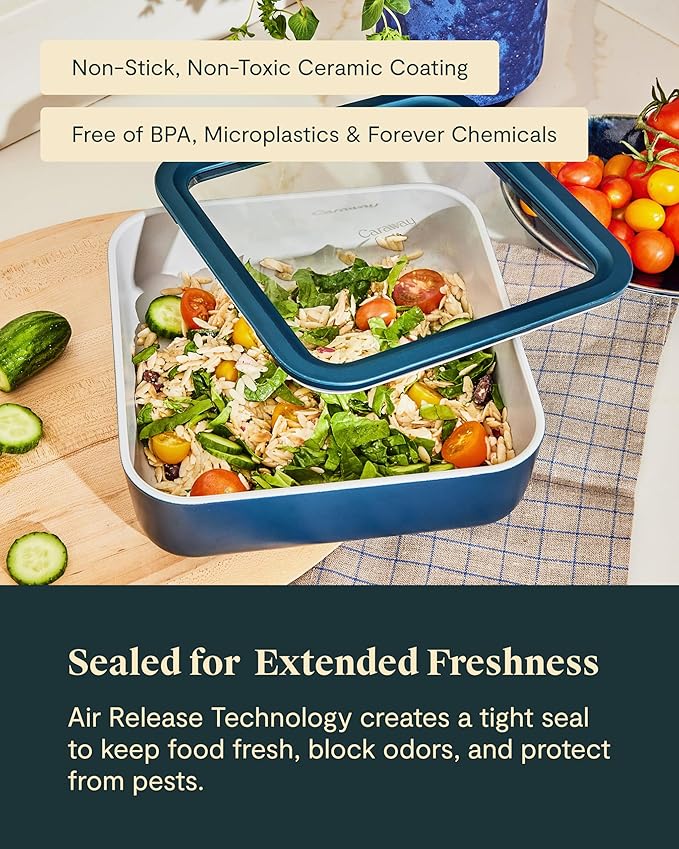 Caraway 6pc Glass Food Storage Set – 10 Cup Food Containers (6) - Ceramic Coated - Non Toxic, Non Stick with Lids - Microwave Safe - Cream