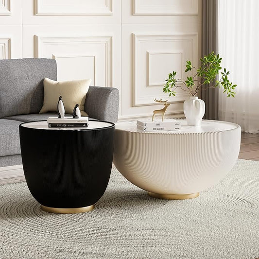 Round Coffee Table Set with Sintered Stone Tabletop, 27.56" White Drum Center Table and 19.69" Black Coffee Table Set, 2 Pieces Living Room Table Set with Fluted PU Leather Cover& Metal Base