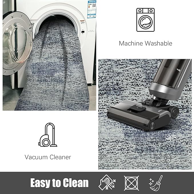 RUGSURE Washable Area Rug - 1/6 Thick - Stain & Water Resistant Non-Slip - Resistant Rug for Living Room, Bedroom, Nursery, Pet & Child Friendly, Vintage Charm Area Rugs (Grey+LightTeal, 5' x 7')