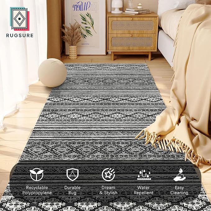 RUGSURE Washable Area Rugs 2'6'' x 8' - 1/6 Thick - Moroccan-Inspired -Stain & Water Resistant Non-Slip - Resistant Rug for Living Room, Bedroom, Nursery, Pet & Child Friendly (Black)