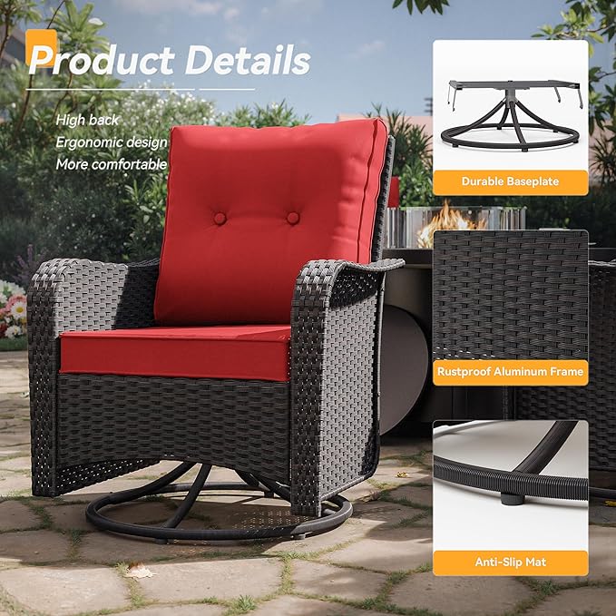 Kurapika 5 Pieces Patio Furniture Set, Rattan Wicker Outdoor Conversation Sets, 4 Woven Rattan Swivel Chairs w/48in Propane Fire Pit Table and Thickened Cushions, Red