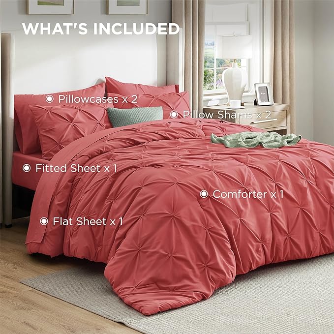 Bedsure King Size Comforter Set Coral Red - Bed in a Bag Bedding Set 7 Pieces, GentleSoft™ Pintuck Bed Set Gift for Family, Pinch Pleat Coral Red Comforter with Sheets, Pillowcases & Shams