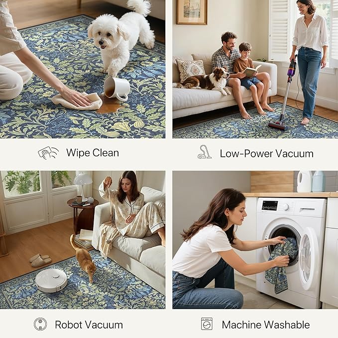 GENIMO 5x7 Washable Area Rug, Non-Slip Vintage Boho Floral Carpet, Soft Low-Pile Thin Bedroom Rug for Living Room, Dining Room, Nursery, Dark Blue