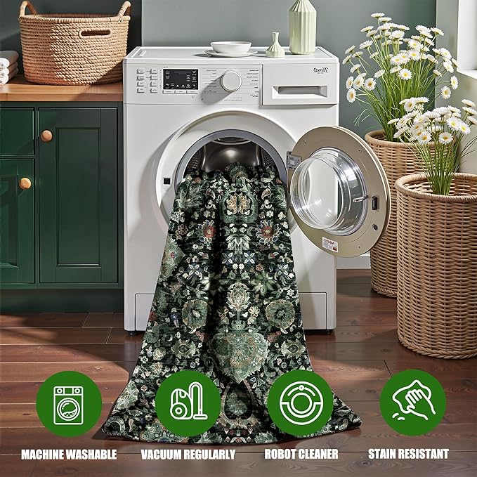 9x12 Rugs for Bedroom, Vintage Washable Rugs Non Slip Large Area Rug for Living Room Dining Room Office, Floor Decoration Big Rug Carpet Low-Pile Kid & Pet Friendly(Dark Green