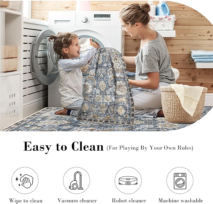 RUGSURE Washable Area Rugs - Perfect for Living Room, Bedroom, Kids Room, Nursery - Stain & Water Resistant Non-Slip, Pet & Child Friendly, Vintage Tribal Area Rugs (Navy, 2'6'' x 8')