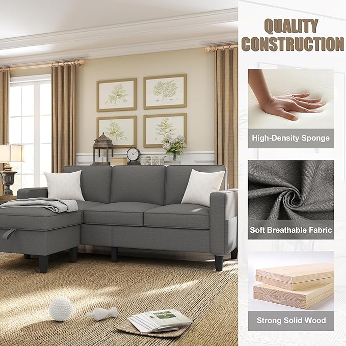 ZeeFu Couch for Living Room - 78'' Beige Linen 3 Seat L-Shaped Sectional Sofa Couches with Storage Ottoman - Modern Small Space Upholstered Furniture Sofa Set for Office Small Space Apartment Bedroom