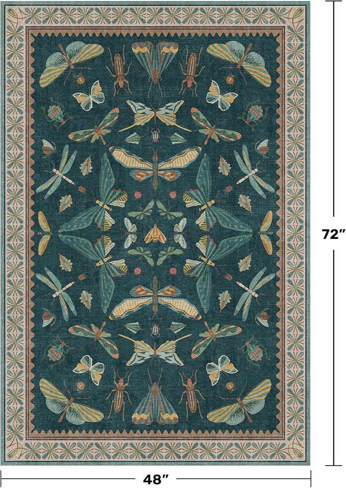 Dark Teal 4x6 Area Rugs for Door Mat Entrance - Vintage Floor Rug for Entryway, Mudroom Kitchen, Floral Forest Insect Print, Washable Low Pile Non-Slip Stain Resistant