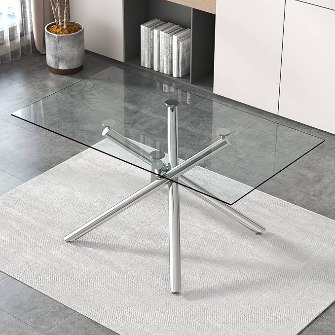 Modern Glass Dining Table for 6-8,Rectangular Glass Kitchen Table with Tempered Glass Tabletop and Silver Chrome Metal Legs for Kitchen Dining Room (Silver)