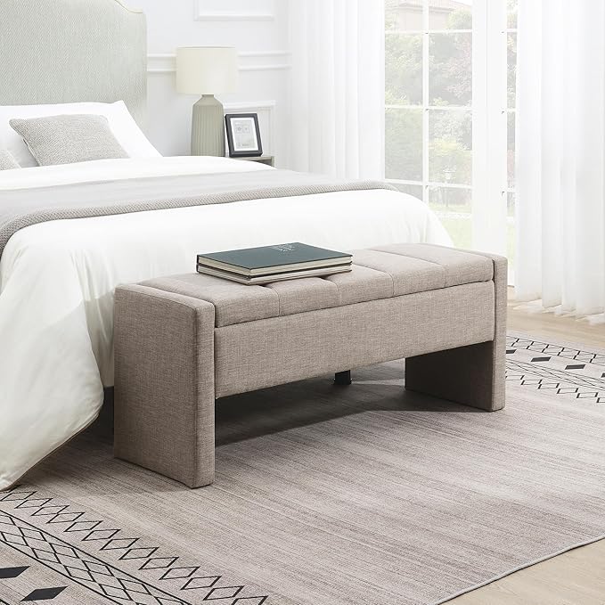 47.25'' Ottoman with Storage, End of Bed Storage Bench, Entryway Bench - Linen Upholstered Multi-Functional Footrest for Bedroom, Living Room, Dorm & Window Bench (Linen Grey Brown)