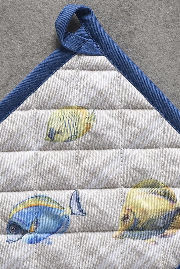 Maison d' Hermine Pot Holders 100% Cotton Heat Resistant Potholders 8" x 8" Hot Pads with Loop BBQ, Cooking, Baking, Grilling, Kitchen, Handling Hot Pans Spring/Summer (Pack of 1, Poisson)