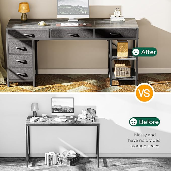 Huuger Computer Desk with 6 Drawers, 63 Inch Office Desk with Shelves, Reversible Gaming Desk, Corner Desk with Storage, for Home Office, Study, Living Room, Grey