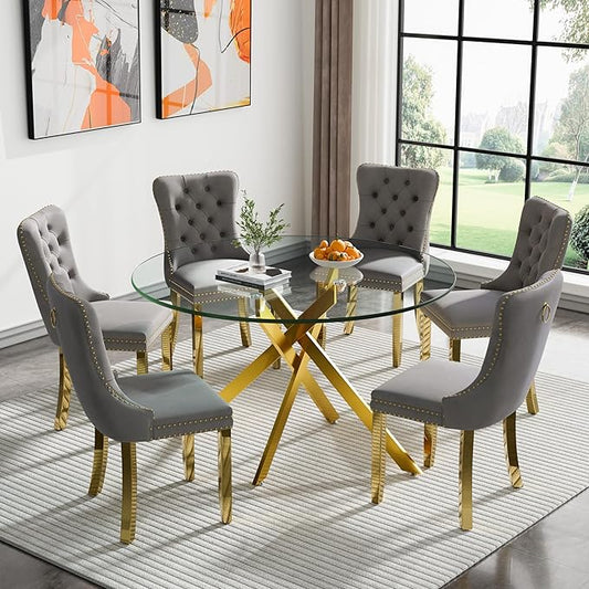 Goujxcy Round Dining Table Set for 6, Modern Glass Kitchen Table and Chairs Set of 6, 7-Piece Dining Room Table Set w/47 Circle Gold Glass Dining Table and 6 Upholstered Velvet Chairs