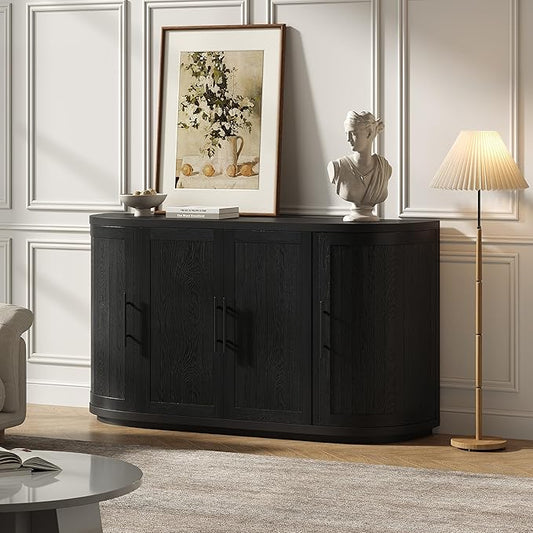 Christopher Knight Home Tian Modern Wooden Kitchen Sideboard Cabinet with Metal Handles, Living Room Storage Cabinet with Shelves, Spacious Dining Room Cupboard with 4 Doors, Curved Form, Black