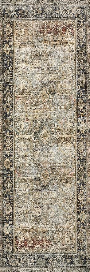 Loloi Layla Collection LAY-03 Olive/Charcoal 2'-0" x 5'-0" .13" Thick Accent Rug, Soft, Durable, Vintage Inspired, Distressed, Low Pile, Non-Shedding, Easy Clean, Printed, Living Room Rug
