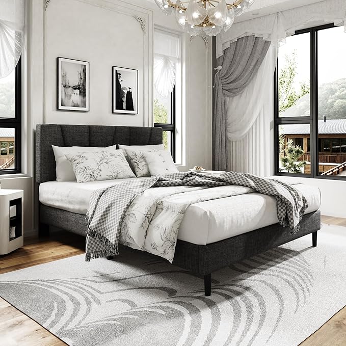 Queen Size Platform Bed Frame with Modern Upholstered Headboard, Wooden Slats Support, Noise Free, No Box Spring Needed, Easy Assembly, Dark Grey, Linen