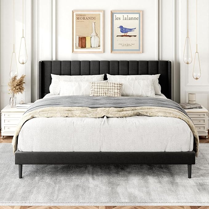 King Size Bed Frame with Wingback Headboard, Upholstered Platform Bed, No Box Spring Needed, Sturdy Wooden Slat Support, Easy Assembly, Dark Gray