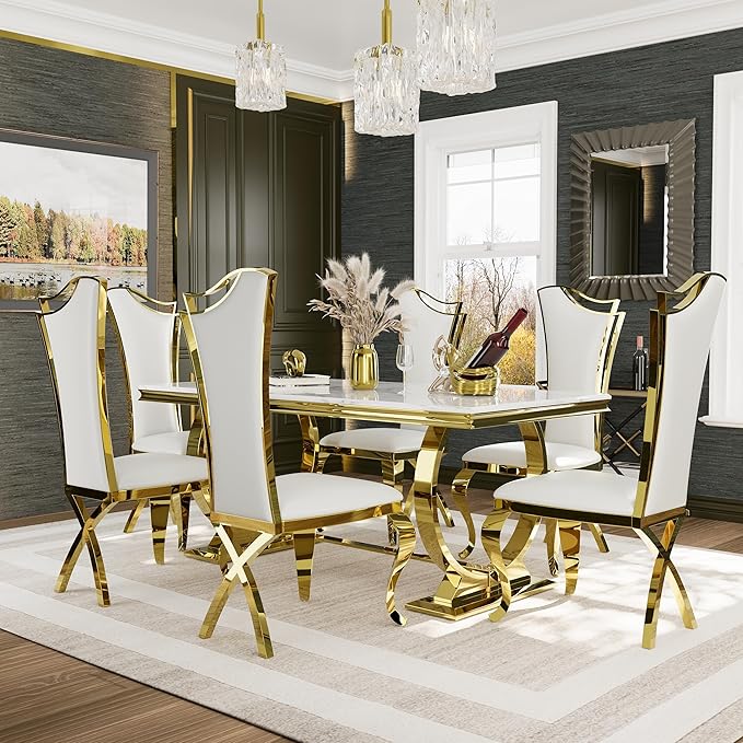 Asday White and Gold Dining Table, 72 inch Dining Room Table with Polished Stainless Steel U-Base for 4-8