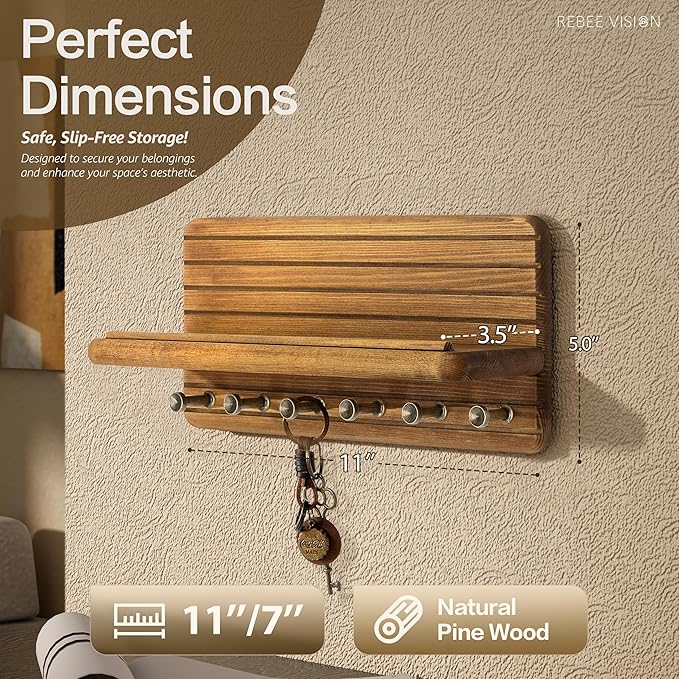 Rebee Vision Farmhouse Key Holder Wall Mount for Home Decor – Decorative 11-inch Pine Wooden Key Holder for Wall with 6 Hooks & Floating Shelf - Apartment Essentials for Tidy Space (Light Brown)