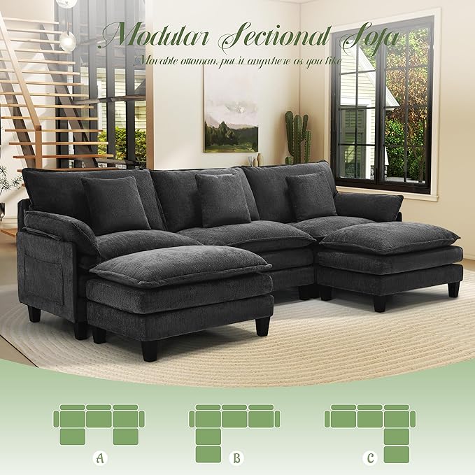 Modular Sectional Sofa, Comfy Cloud Couch with Movable Ottoman, Deep Seat Couches for Living Room, Bedroom and Apartment, 106" U Shaped Modern Sofa with Pillows, Black
