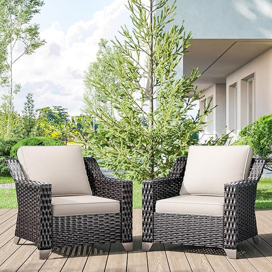 Wicker Patio Chairs Set of 2, Luxury Rattan Patio Furniture with Wide Armrest, Thickened Cushions, Outdoor Chairs for Deck, Porch Use