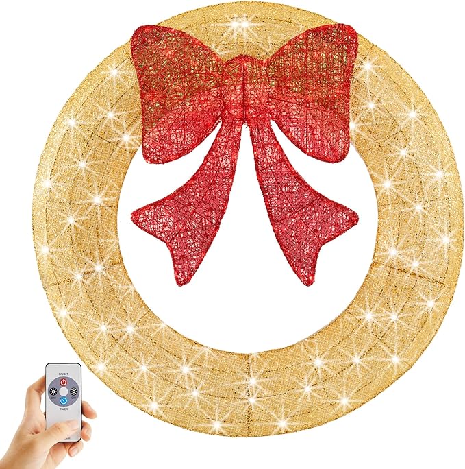 Sweetcrispy 48in Pre-Lit Christmas Wreath, LED Lighted Holiday Outdoor Decoration with Bow for Door, Mantel, Wall, Windows, Front Door Decor, Gold Wreath - Red Bow