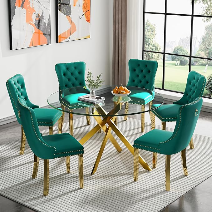 Goujxcy Round Dining Table Set for 6, Modern Glass Kitchen Table and Chairs Set of 6, 7-Piece Dining Room Table Set w/47 Circle Gold Glass Dining Table and 6 Upholstered Velvet Chairs