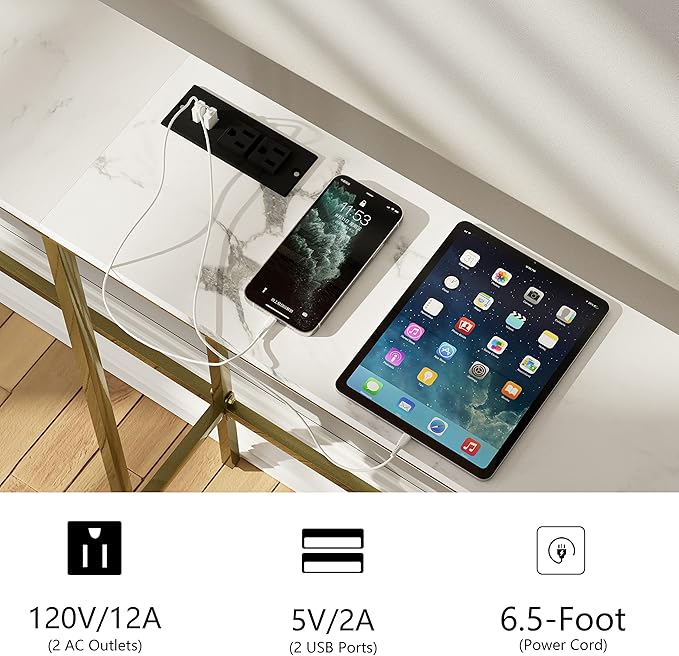 70.9 Inch Console Table with Power Outlet,Modern Narrow Long Sofa Table Behind Couch,Skinny Entry Table with Gold Metal Frame for Entryway,Living Room, Hallway,Marble White