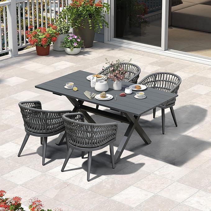 PURPLE LEAF 5 Pieces Outdoor Dining Set All-Weather PE Rattan Outdoor Patio Furniture Set with All Aluminum Frame Rectangular Table and Chairs Set for Lawn Garden Backyard Deck, Grey