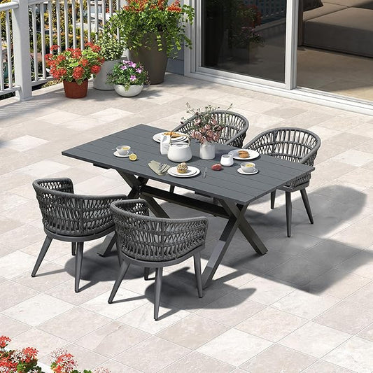 PURPLE LEAF 5 Pieces Outdoor Dining Set All-Weather PE Rattan Outdoor Patio Furniture Set with All Aluminum Frame Rectangular Table and Chairs Set for Lawn Garden Backyard Deck, Grey