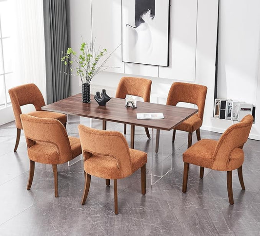 VKNOW Wooden Dining Chairs Set of 6, Modern Fabric Upholstered Dining Room Chair Kitchen Chairs, Farmhouse Dinner Chair for Kitchen Dining Room, Orange