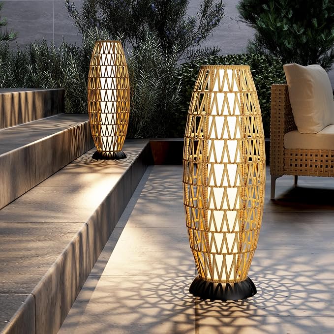 Solar Yard 2-Pack 29" Outdoor Solar-Powered Woven Wicker Boho Lantern Floor Lamp, Decoration for Deck Garden, Pathway, Oslo Natural