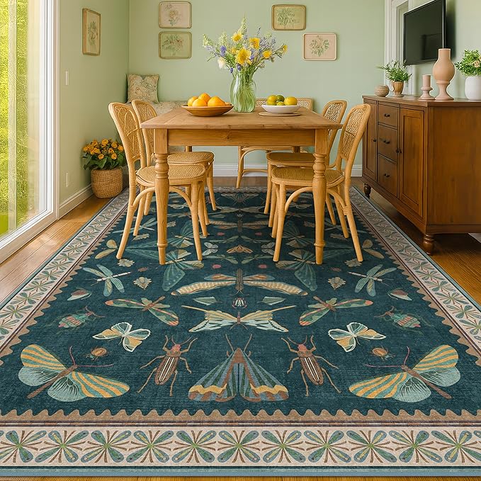 Vintage Teal Area Rugs for Living Room 6x8 - Floral & Butterfly Pattern Dining Rug, Low Pile Soft Bedroom Carpet, Washable Non Skid Rubber Backed, Forest Funky Home Décor