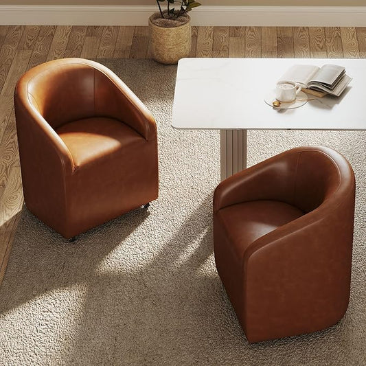 Set of 2 Modern Upholstered Dining Chairs with Swivel Casters, Faux Leather Barrel Back Accent Side Chair for Dining Room Living Room,Brown