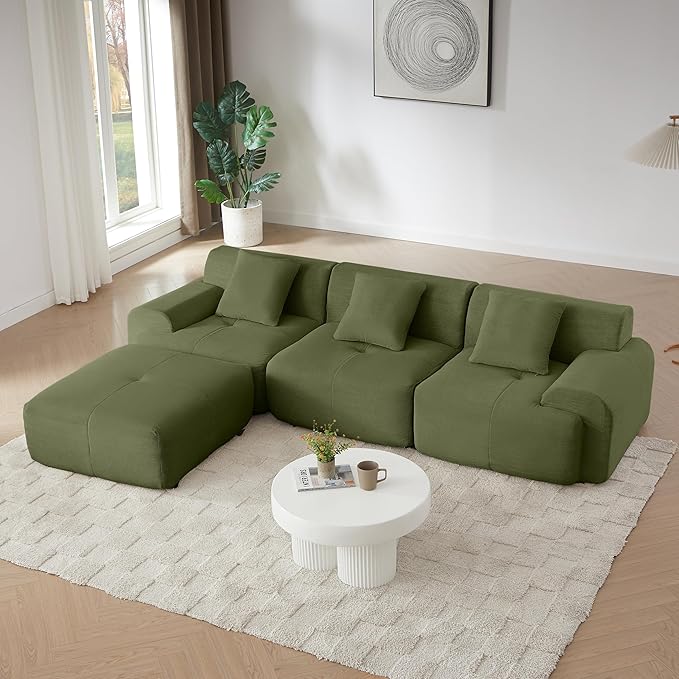 Cilee 113" Modular Sectional Sofa, Cloud Couch with Deep Seat, L-Shape Boneless Sofa, 3 Seat Memory Foam Sofa, No Assembly Required, Upholstered Couch for Living Room, Movable Ottoman, Corduroy, Green