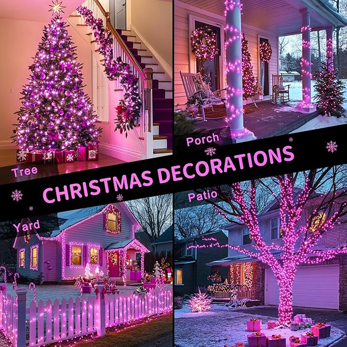 JMEXSUSS 200 LED Pink Christmas Lights for Decor, 66ft Pink String Lights Indoor Outdoor Clear Wire, Rose Color LED Fairy Light Plug in for Girls Room Wall Christmas Tree Party Decorations