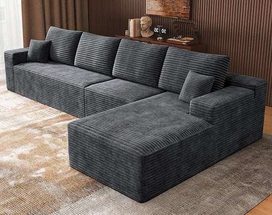3-Piece Boneless Modular Sectional Sofa, Cloud Couch with Right Facing Chaise, Oversized Deep Seat, Soft Corduroy Fabric, Sectional Couch for Living Room-Grey
