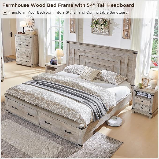 RedLemon Farmhouse Queen Size Bed Frame w/ 54" Tall Geometric Headboard, Rustic Wood Platform Bed w/ 2 Large Storage Drawers, Wood Slats Support, Noise Free, No Box Spring Needed, Light Rustic Oak