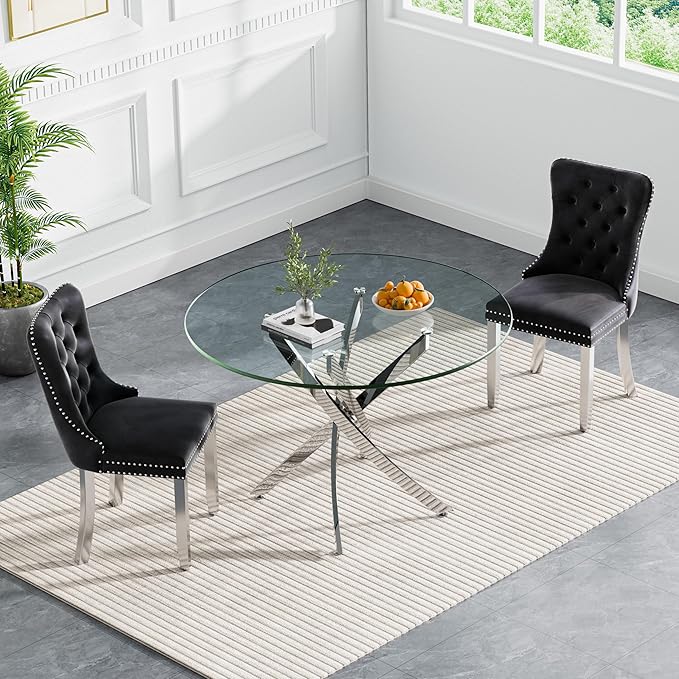 Goujxcy 3 Piece Round Glass Dining Table Set for 2, 36" Round Dining Table & Chair Set Modern Circle Glass Kitchen Table and 2 Velvet Upholstered Chairs for Kitchen Dining (Silver Table & Black Chair)